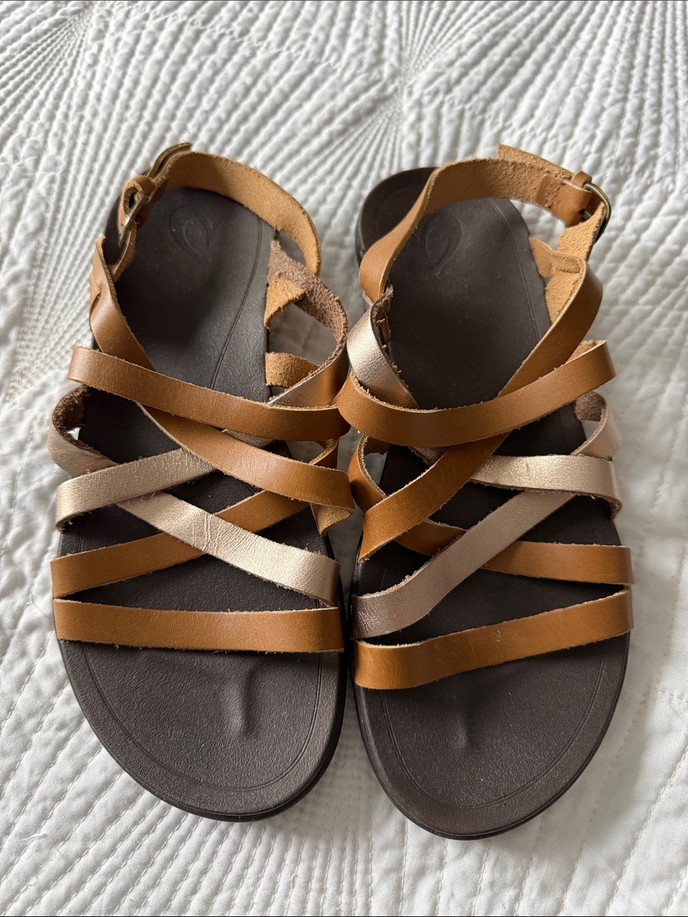 OluKai Women's Brown and Metallic Sandal Strappy Leather Sandals